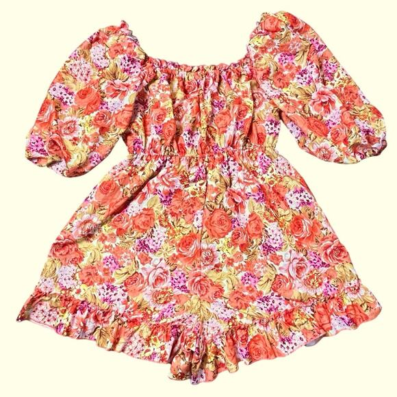 boohoo Romper Womens Size 10 Orange Yellow Ruffled Romantic Ruched Floral Whimsy - Picture 3 of 8